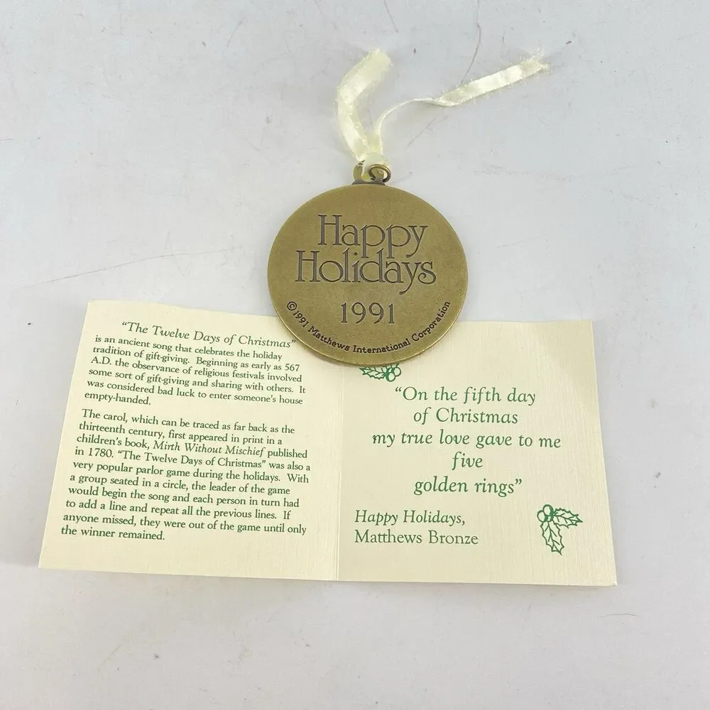 1991 Matthews Bronze Five Golden Rings Ornament 5th Twelve Days Christmas